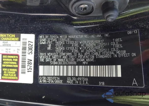 2013 Toyota Sienna Le V6 8 Passenger from USA, damaged, VIN 5TDKK3DC3DS398686